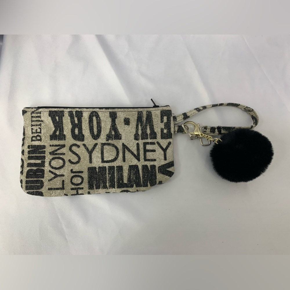 Canvas Wristlet Makeup Bag Black & White with City Names Fully Lined with Zipper